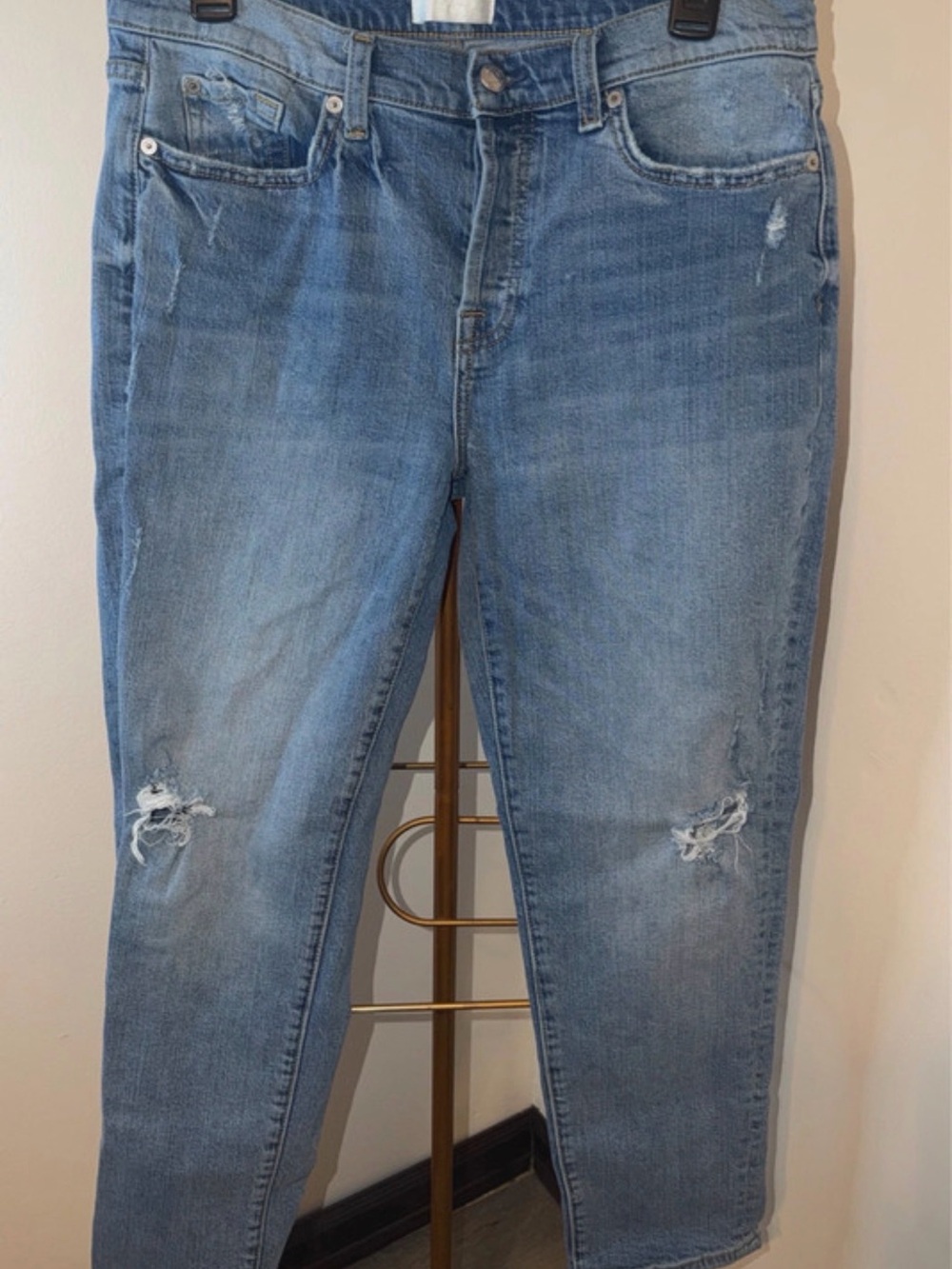 7 For All Mankind Light Blue Straight Leg Jeans with Knee Distressing